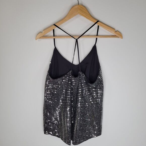 CHELSEA28 Sequin Cami Top Size S Silver Mirrored Dainty Crisscross Strappy - Picture 5 of 7